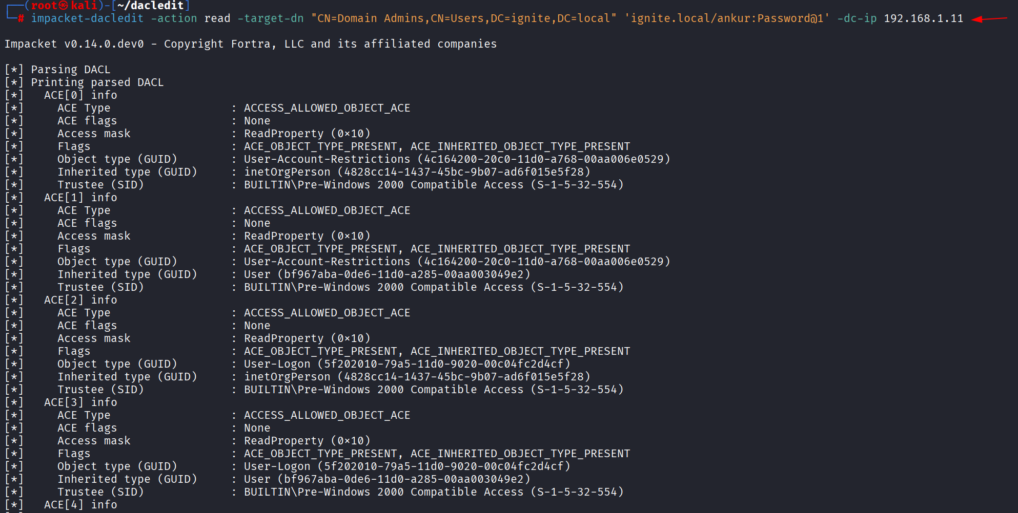 Output do impacket-dacledit lendo DACL do Domain Admins como ankur confirmando WriteMembers