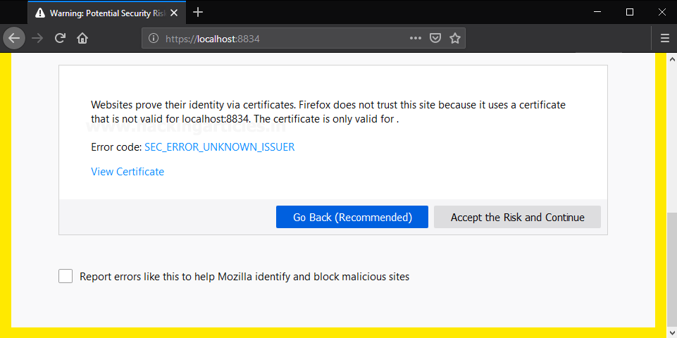 Aviso de certificado auto-assinado no Windows ao acessar a interface web