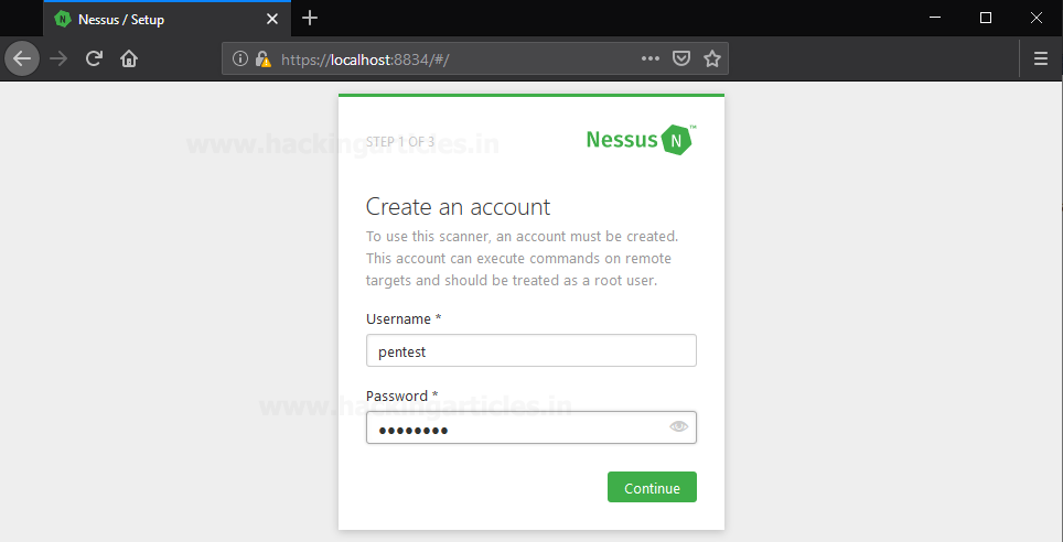 Criação de conta de administrador no Nessus Windows