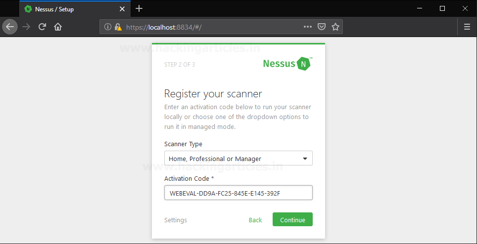 Inserção do código de ativação no Nessus Windows