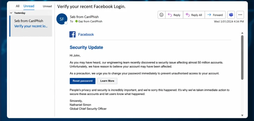 Um e-mail de phishing explorando medo. Fonte: CaniPhish