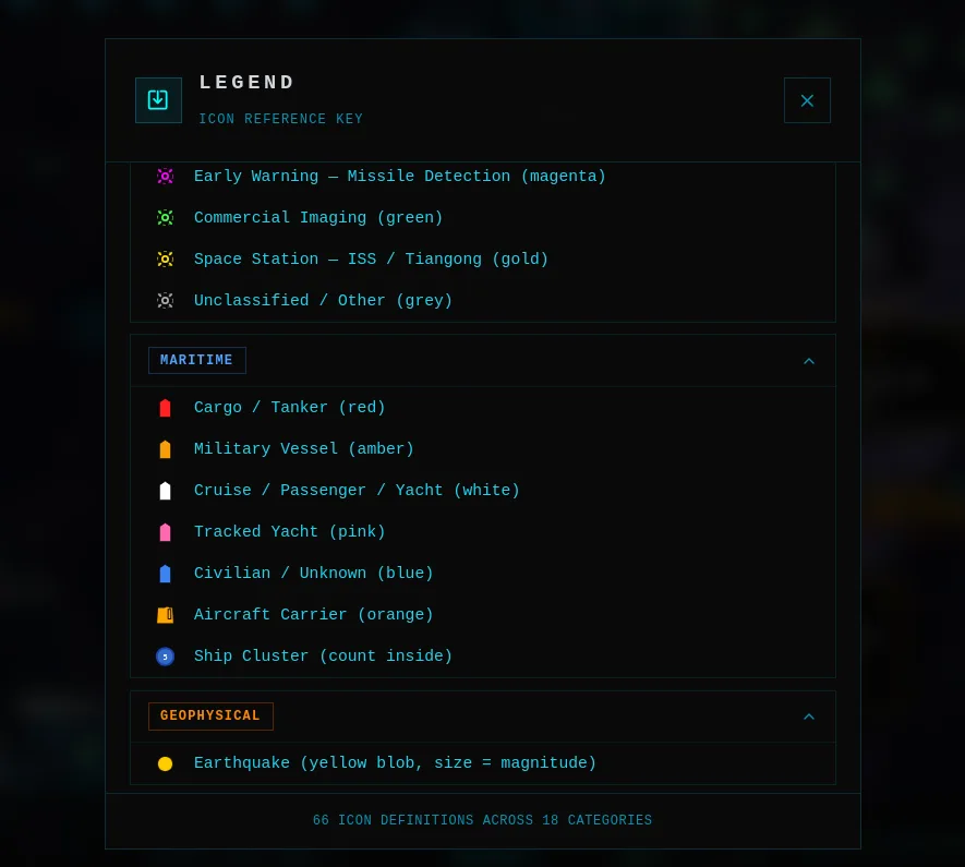 Legenda do mapa ShadowBroker com referência de ícones