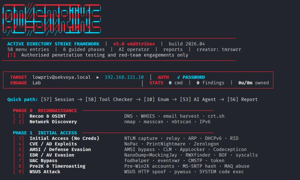 Menu principal do ADStrike, com as fases e etapas que podem ser executadas individualmente.
