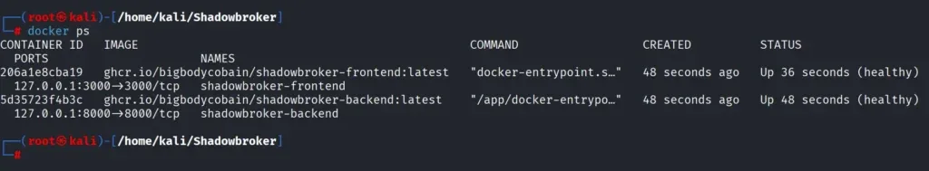 Saída do docker ps mostrando containers do ShadowBroker em execução