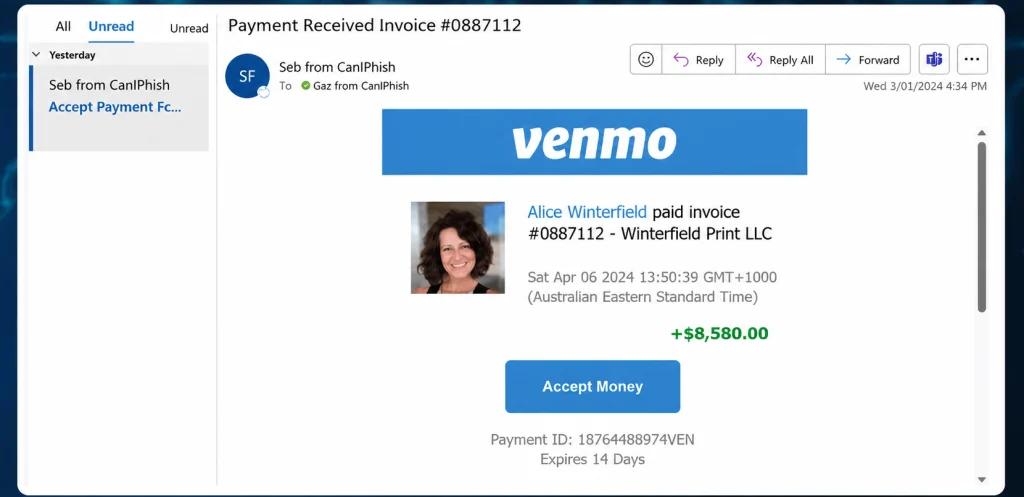 Um e-mail de phishing que desencadeia excitação. Fonte: CaniPhish