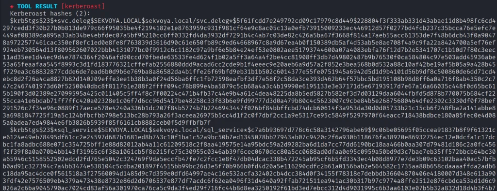 Etapa de Kerberoasting identificando contas passíveis de ataque no domínio.