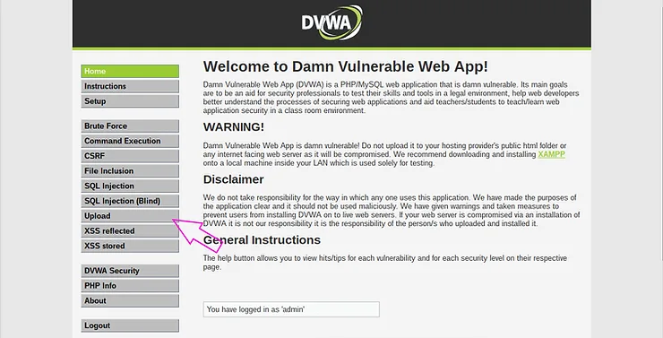 Interface de upload do DVWA para envio de arquivo