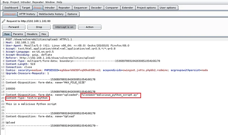 Requisição GET interceptada mostrando parâmetro page=login.php
