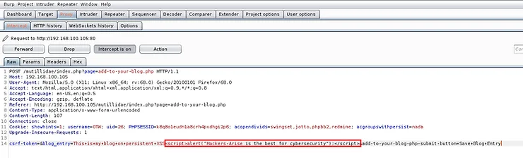 Injeção de script XSS no corpo do blog interceptado