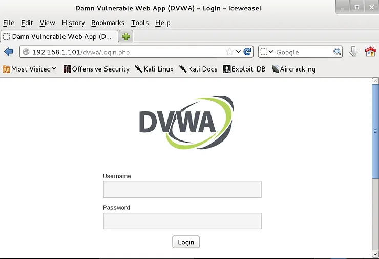 DVWA login e configuração de security level medium