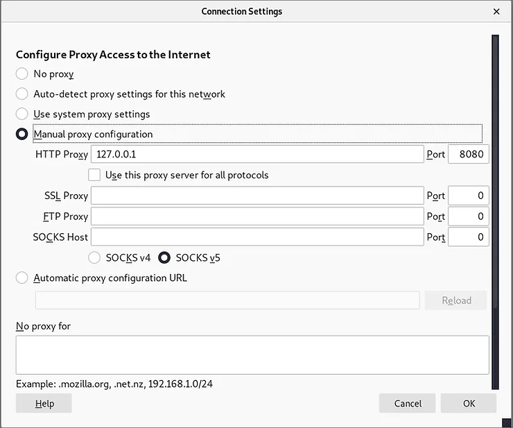 Configuração de proxy no navegador para Burp Suite