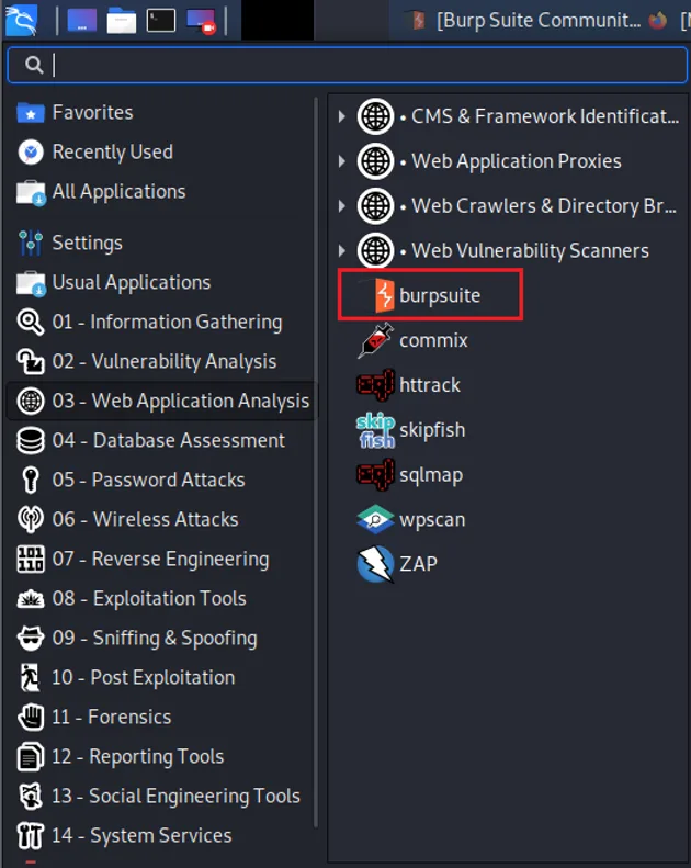 Interface do Burp Suite ao iniciar com opção de projeto temporário