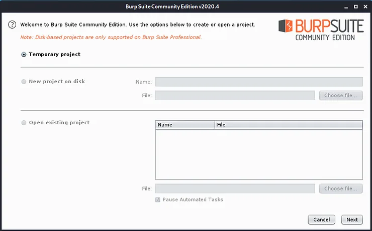 Tela de seleção de projeto temporário no Burp Suite