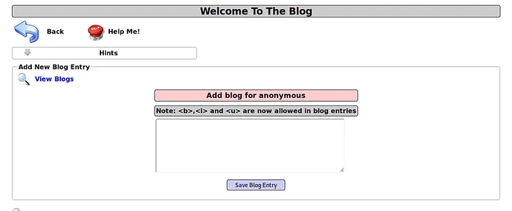 Interface do blog Add to Your Blog no Mutillidae II