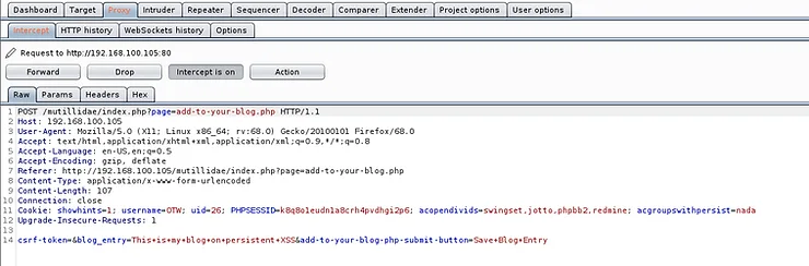 Requisição POST interceptada no Burp Suite com conteúdo do blog em vermelho
