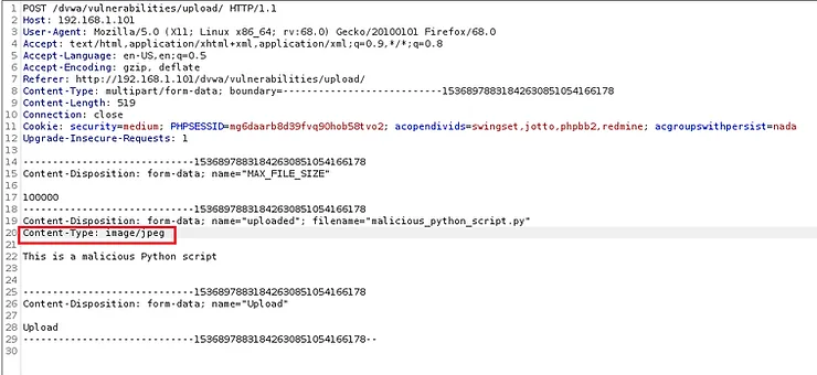 Manipulação do Content-Type de text/x-python para image/jpeg no Burp Suite