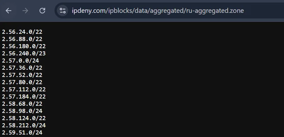 Site ipdeny.com com blocos de IP da Rússia para download