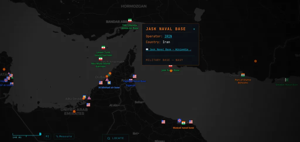 Camada de bases militares no mapa (ex: Estreito de Ormuz)