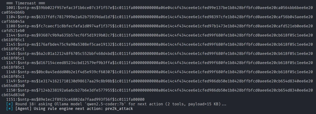 Timeroasting usando um script do Impacket para extrair hashes de contas de computador.