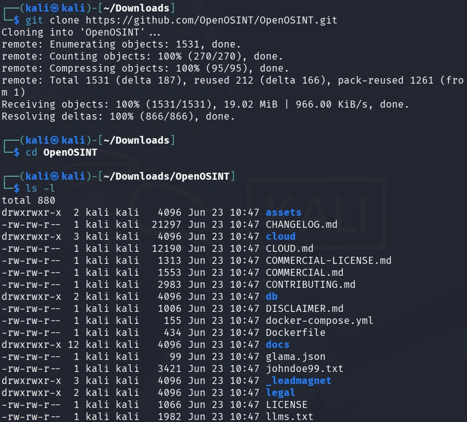 Terminal mostrando o comando git clone para o OpenOSINT
