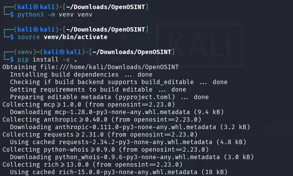 Terminal mostrando a instalação das dependências via pip
