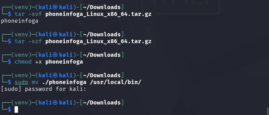 Terminal mostrando a extração e movimentação do PhoneInfoga