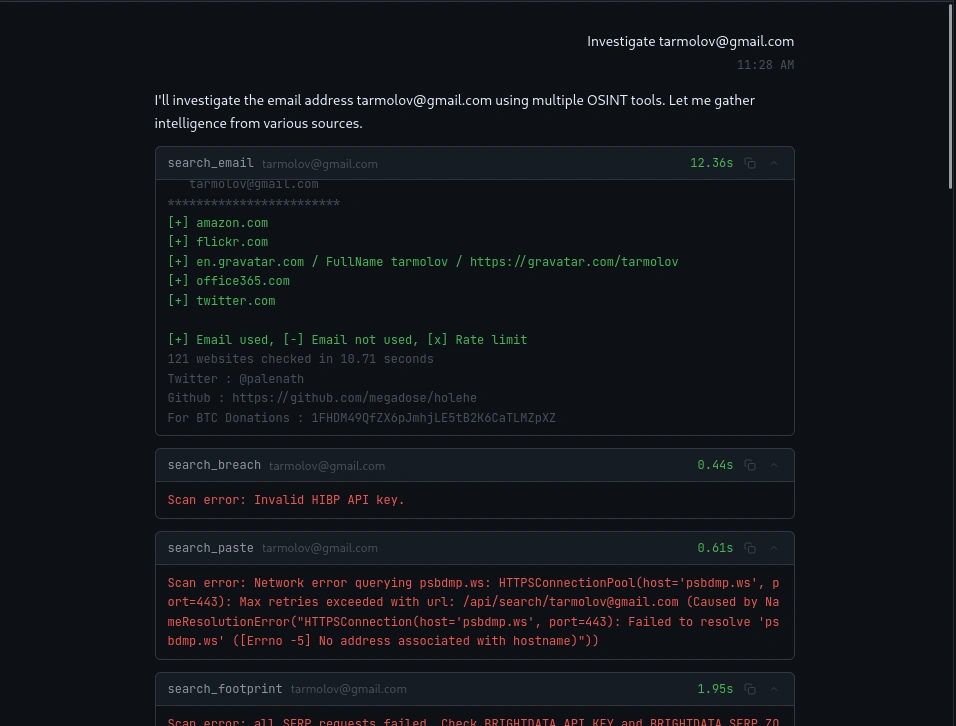Plataformas com registros ativos de conta encontrados via Holehe