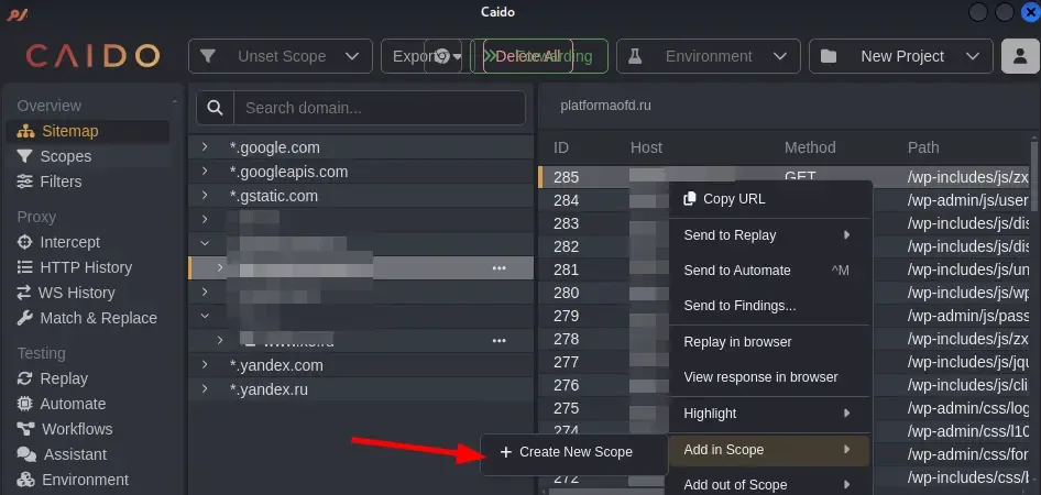 Configuração de escopo no Caido para filtrar tráfego do alvo