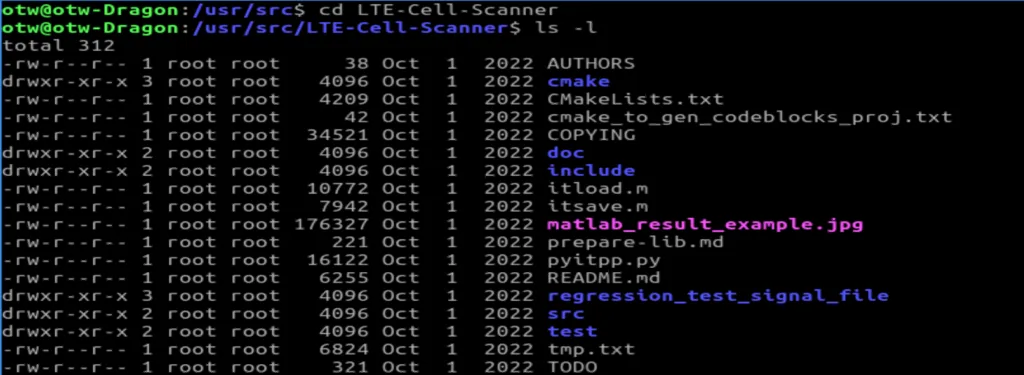 Navegação até o diretório do LTE-Cell-Scanner em /usr/src/LTE-Cell_Scanner