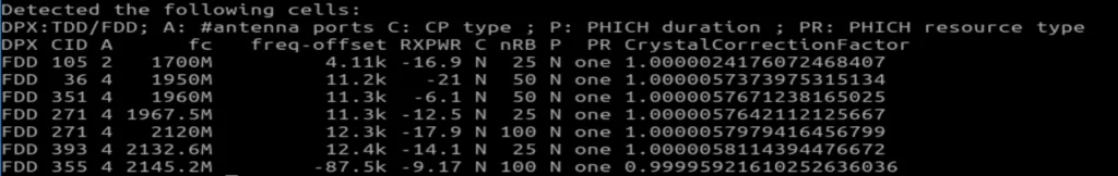 Resultados da varredura 1.7–2.3 GHz mostrando 7 torres LTE detectadas