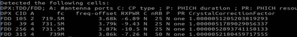 Resultados da varredura 700 MHz mostrando 4 torres LTE em 719.5, 731.5 e 739 MHz