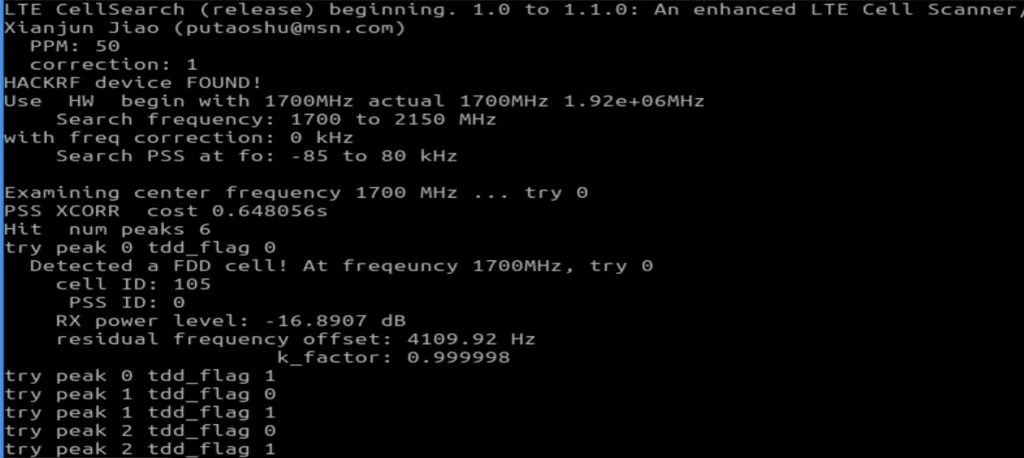 Início da varredura da banda 1.7–2.3 GHz com notação científica