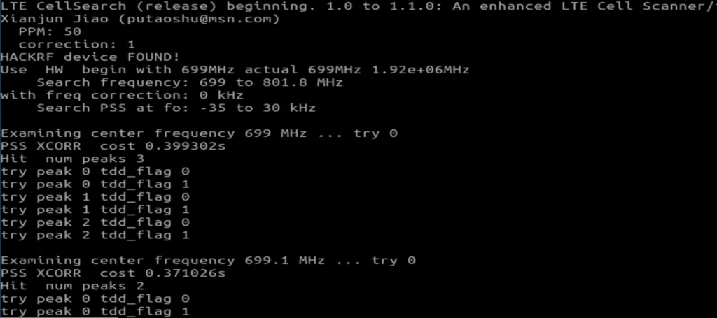 Início da varredura da banda 700 MHz com CellSearch_hackRF