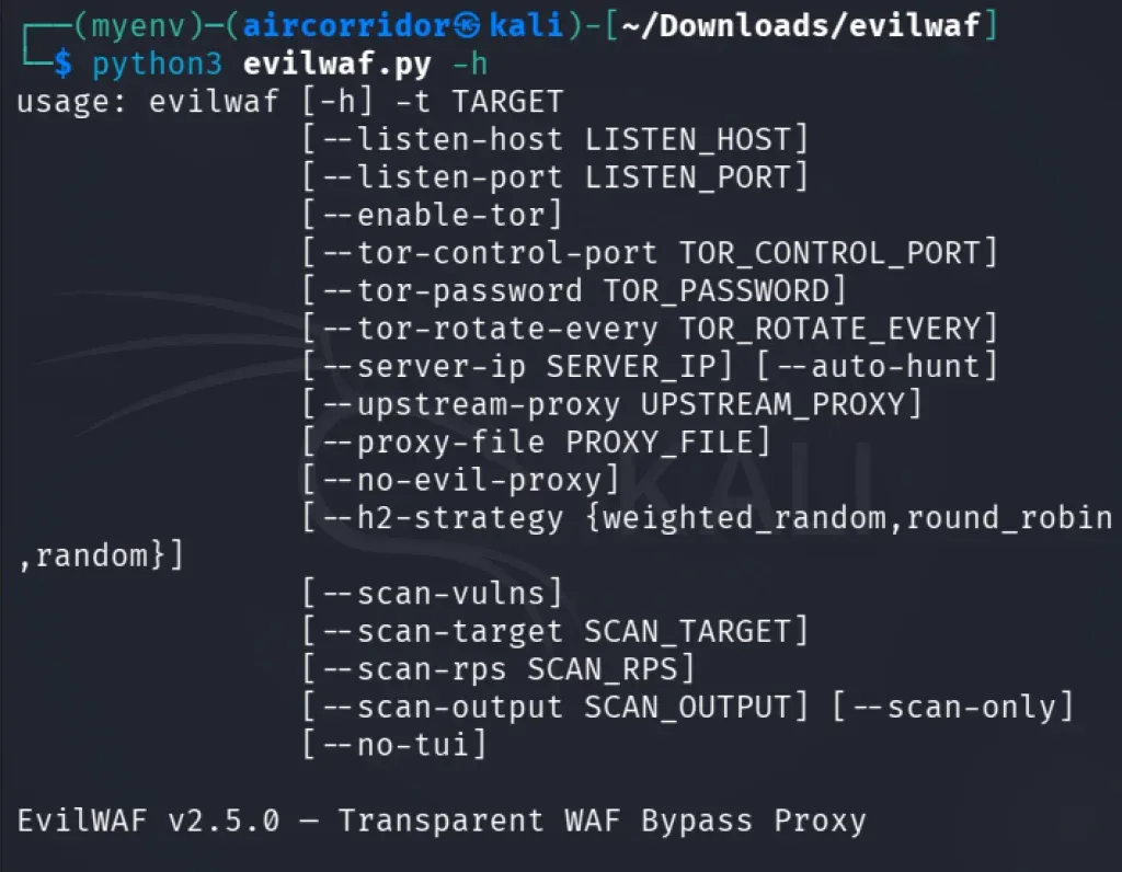 Tela de ajuda do EvilWAF exibida no terminal