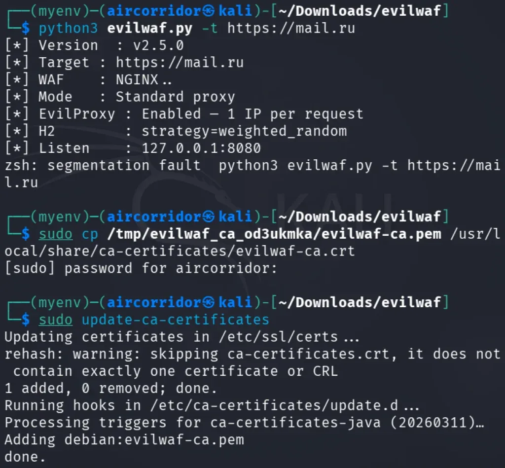 Importação do certificado SSL do EvilWAF no terminal