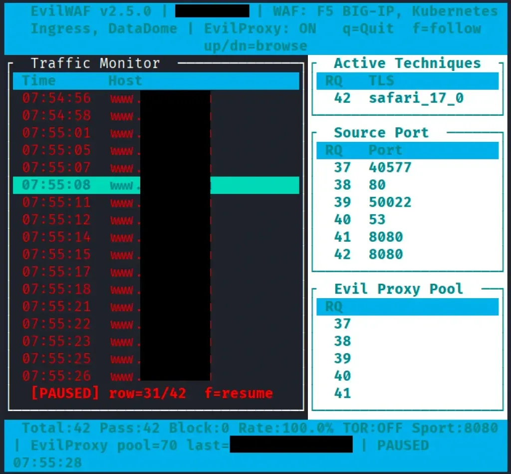 Interface de terminal do EvilWAF em modo proxy