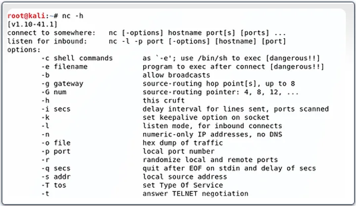 Tela de ajuda do Netcat (nc -h) mostrando switches principais