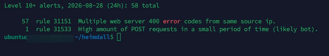 Resultado da query Elasticsearch mostrando 58 alertas nível 10+: 57 da regra 31151 (web server 400 errors) e 1 da regra 31533
