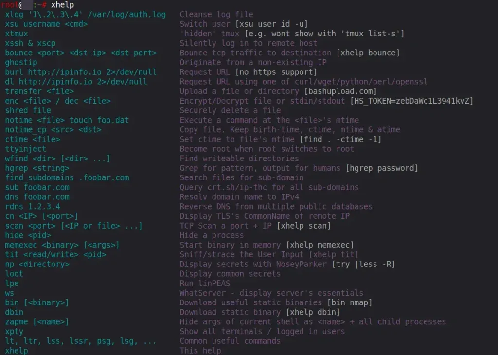 Menu de ajuda xhelp do HackShell listando comandos built-in para evasão e enumeração