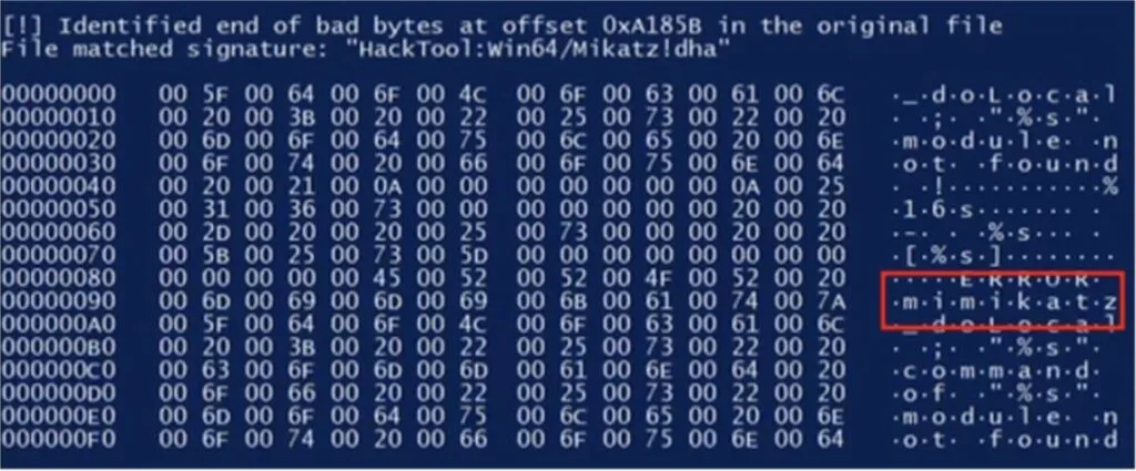 Análise estática detectando string 'mimikatz' no arquivo via DefenderCheck