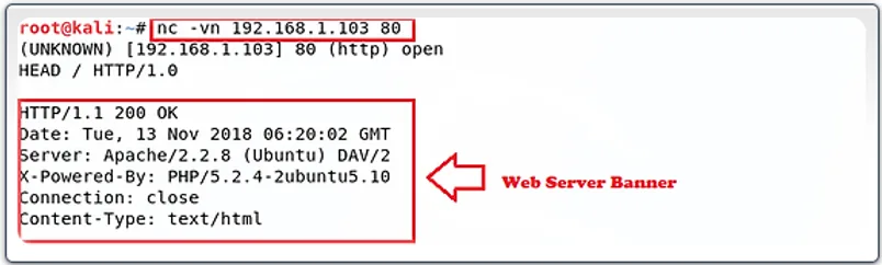 Banner grabbing HTTP via nc -vn 192.168.1.103 80 e requisição HEAD / HTTP/1.0