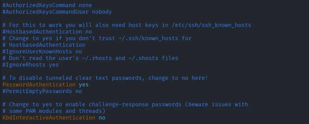 Edição do sshd_config habilitando PasswordAuthentication yes