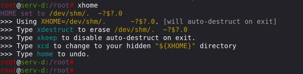 Execução do comando xhome definindo home directory temporário em /dev/shm