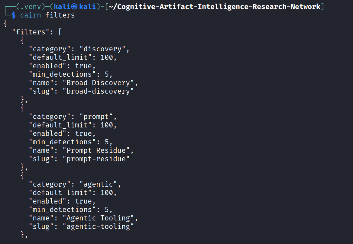 Lista de filtros disponíveis no CAIRN: python-ai-scripts, go-ai-structs, llm-api-endpoints, etc.