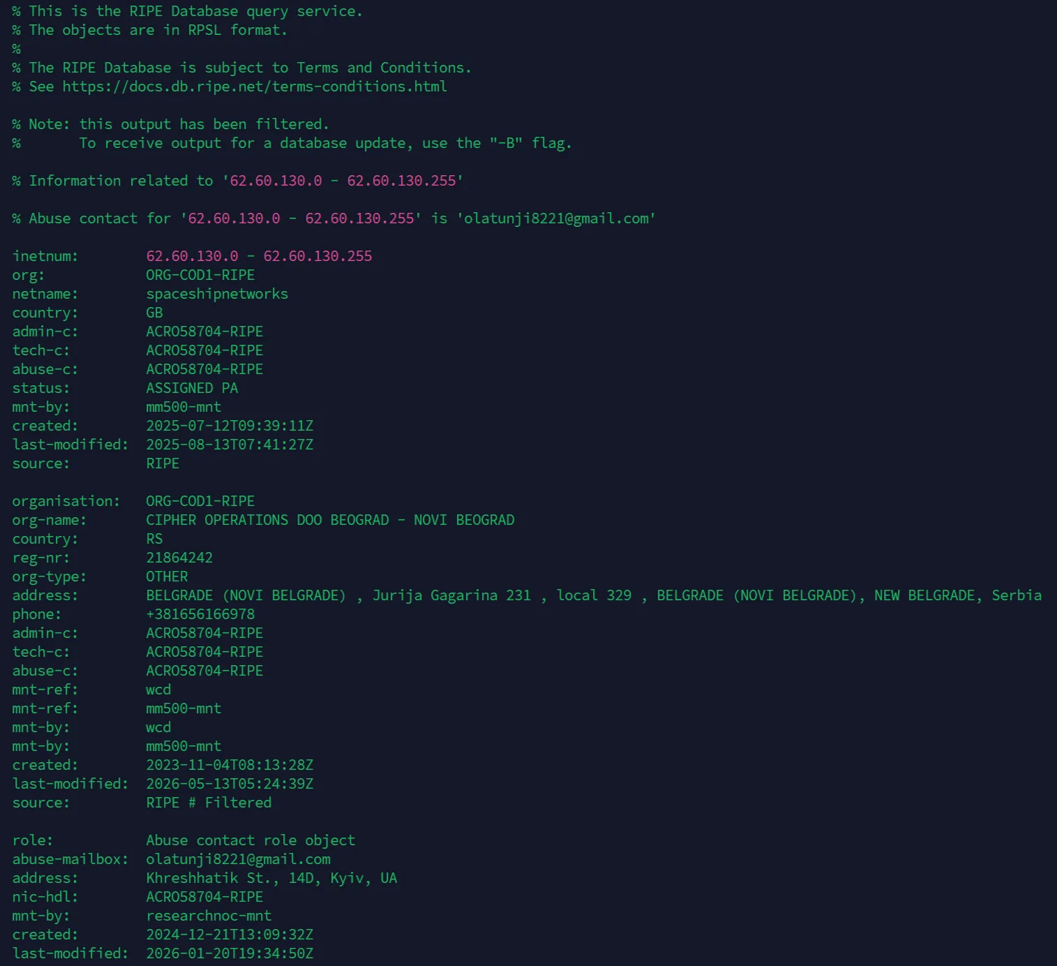 Registro WHOIS/RIPE do 62.60.130.193 mostrando netblock CIPHER OPERATIONS DOO BEOGRAD, contato de abuso Gmail em Kiev