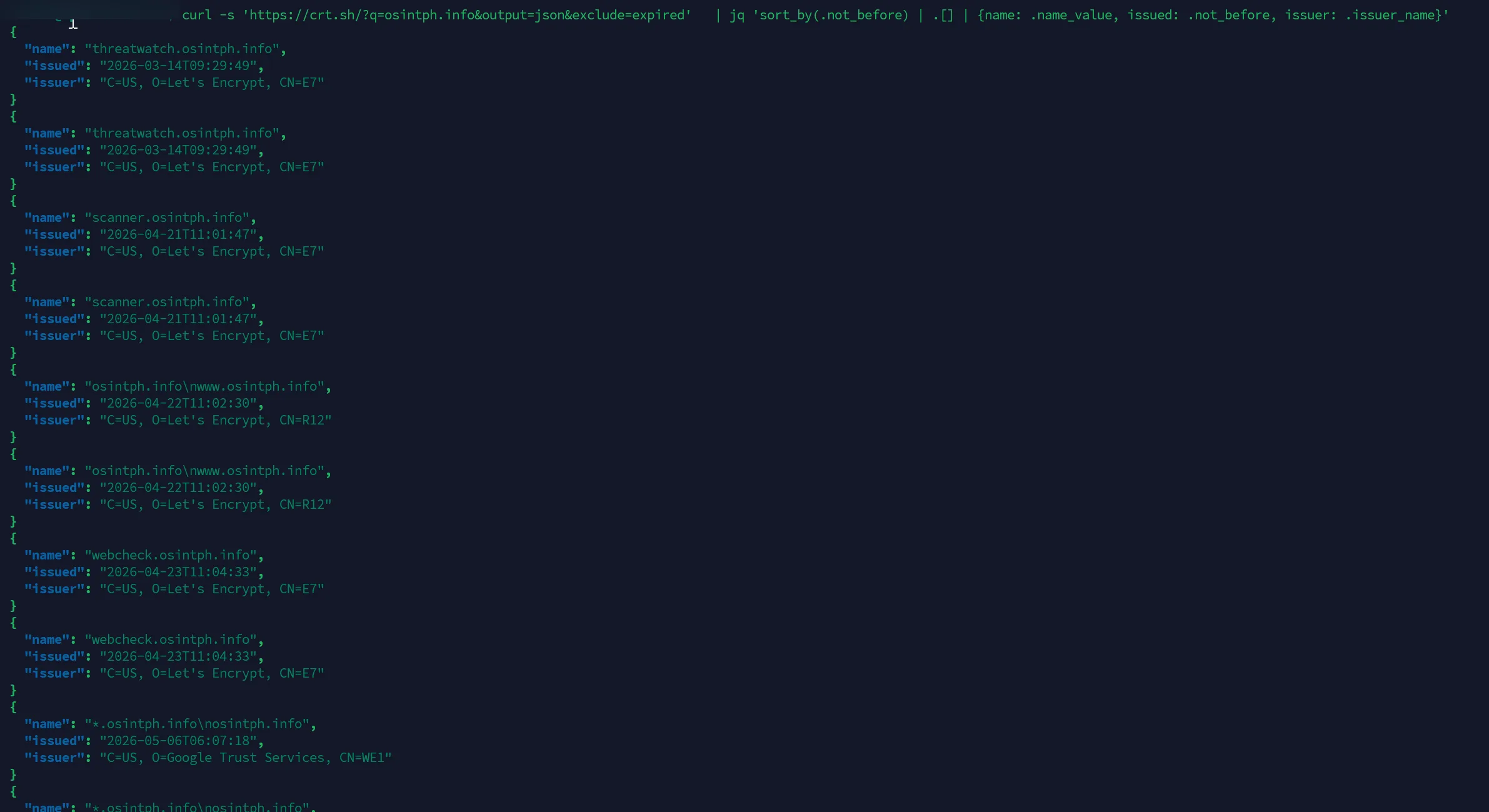 Descoberta de wildcard via %.osintph.info no crt.sh JSON output